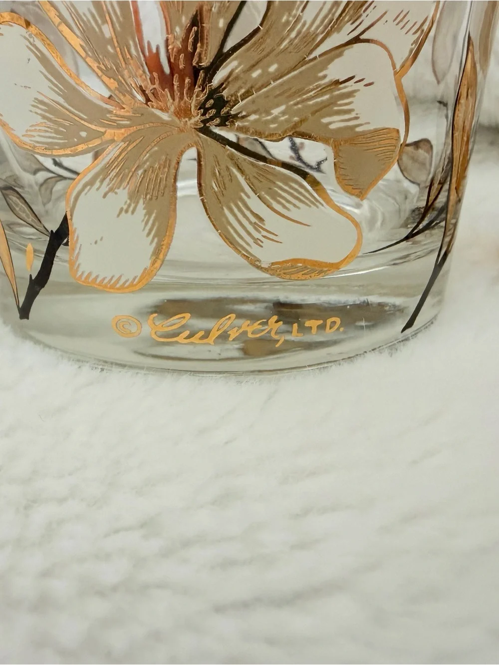 Vintage Culver Ltd Magnolia Gold Flower Lowball Glasses - Set of 2 - Midcentury